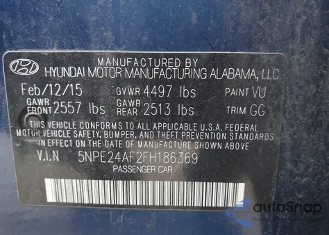 2015 Hyundai Sonata Se z USA, uszkodzony, nr VIN 5NPE24AF2FH186369